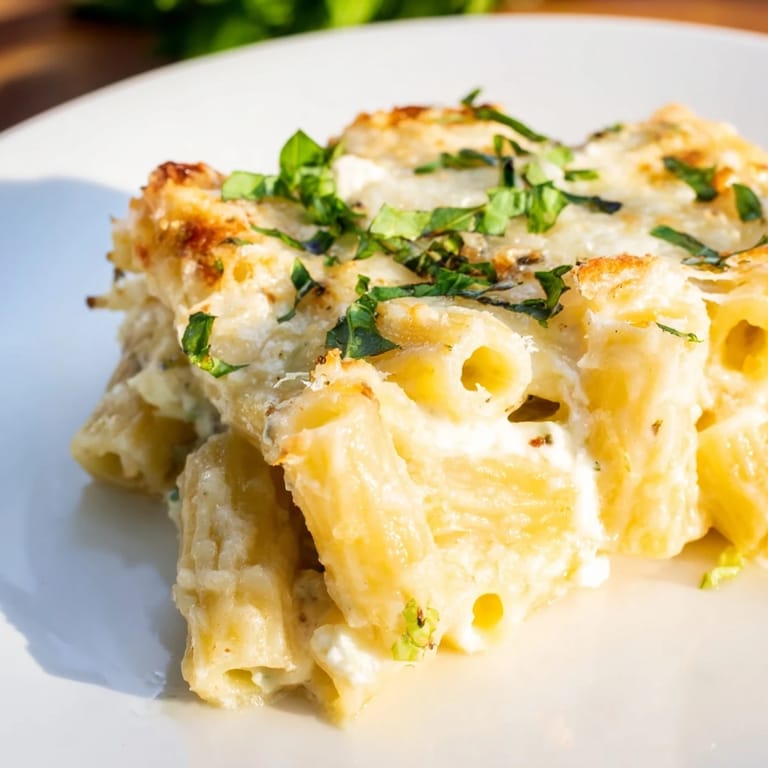 Delicious Italian-American Four Cheese Baked Pasta with a rich, aromatic blend of melted cheese goodness.