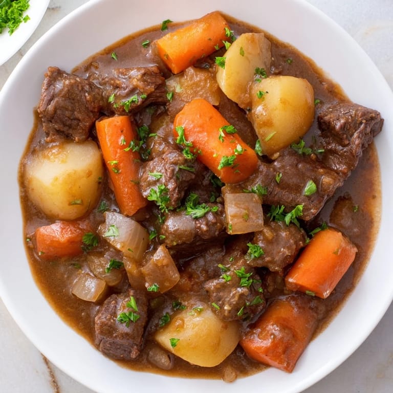 Golden parsley garnishes this slow-cooked, rich and complex Irish Beef Stew recipe.