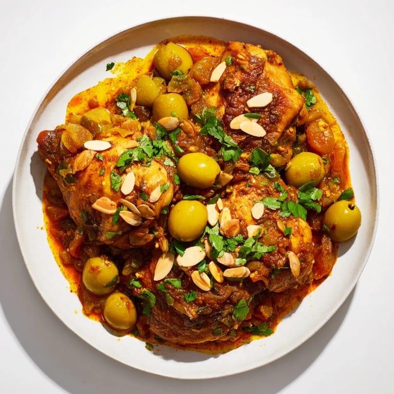 Juicy chicken pieces simmer in a rich sauce for this flavorful Moroccan Tagine Chicken dish.