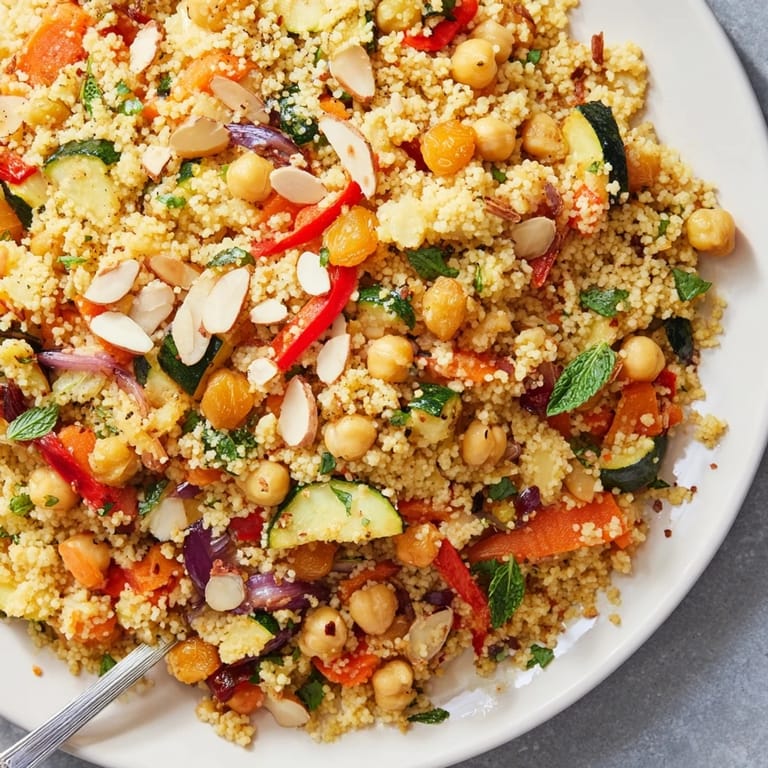 Fresh mint and parsley highlight this colorful Moroccan couscous salad, ready to enjoy.