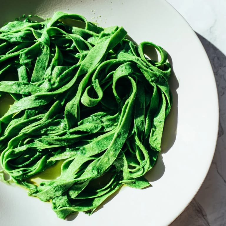 Vibrant green spinach pasta dough shaped into noodles, perfect for a quick Italian dinner.