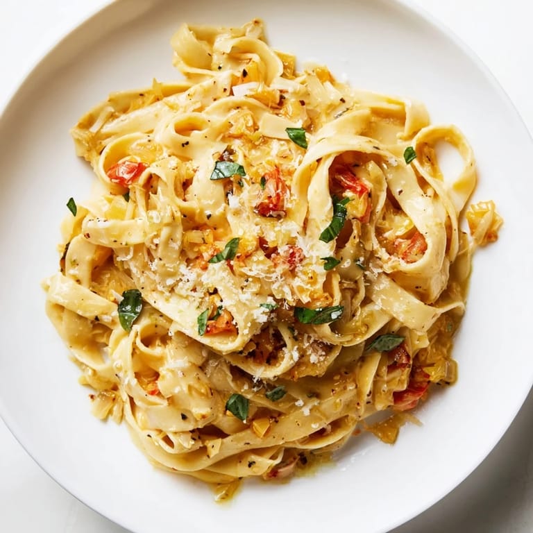A steaming plate of Roasted Garlic Pasta Sauce with linguine, topped with freshly grated Parmesan and a drizzle of olive oil.