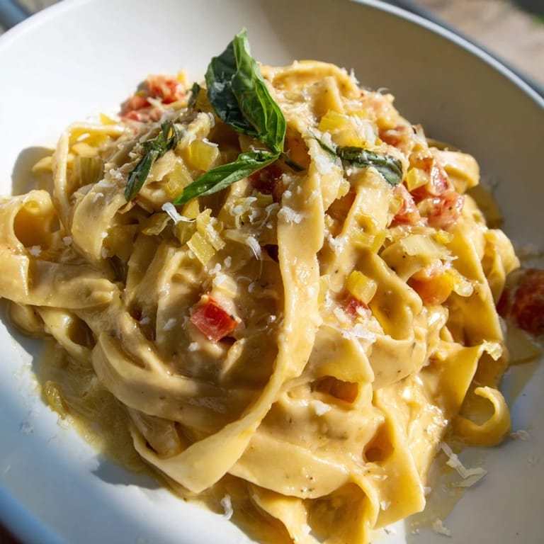 Close-up of Roasted Garlic Pasta Sauce, highlighting the silky texture and caramelized garlic cloves clinging to fettuccine strands.  
