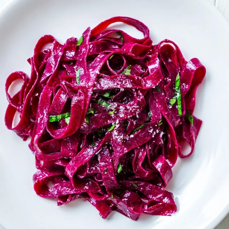 A rustic wooden surface showcases bright red beet pasta noodles in a glass bowl for a colorful meal.