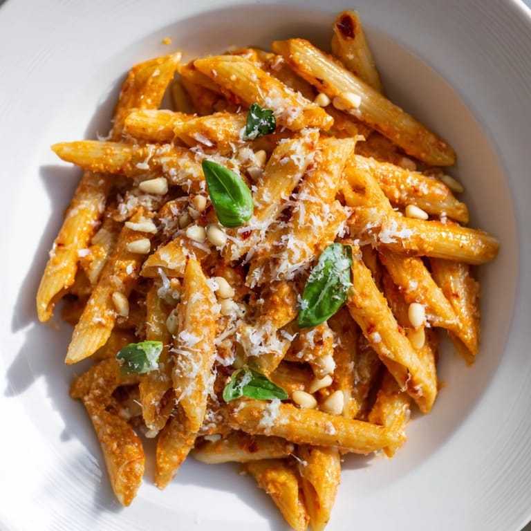 Sun-Dried Tomato Pesto Pasta served hot on a rustic wooden table, ready to be enjoyed as a main vegetarian dish.