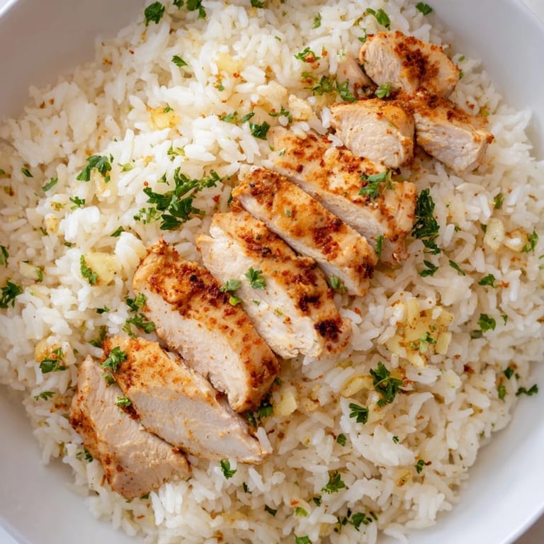 Golden garlic butter rice and tender grilled chicken breast served in a white ceramic bowl for a comforting meal.