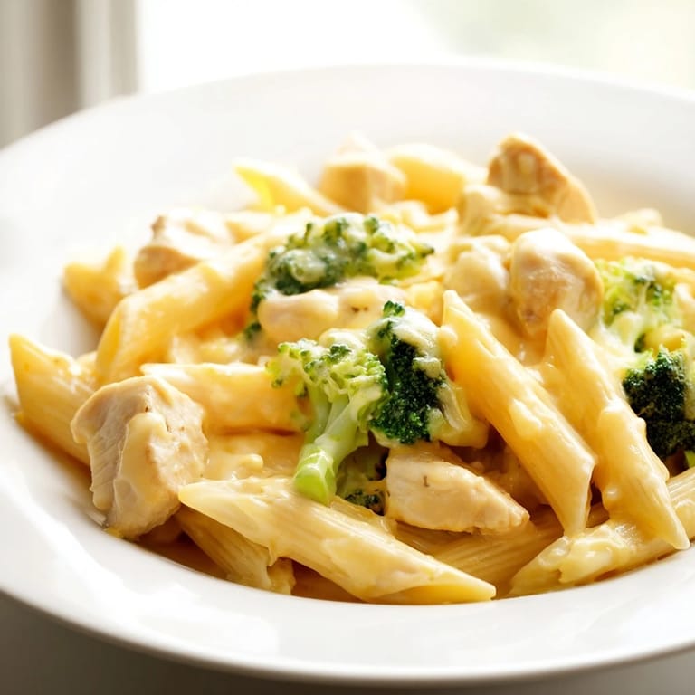 Serving of homemade Chicken Broccoli Cheddar Pasta with rotini noodles, broccoli, and shredded cheddar, ideal for an easy weeknight meal.