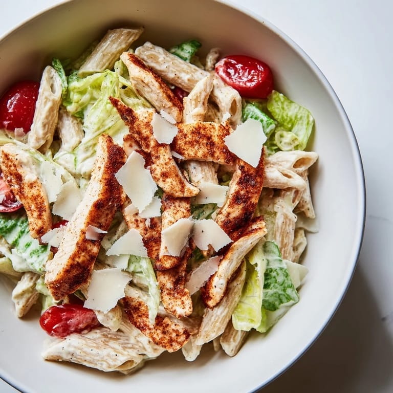 This close-up highlights golden-brown spicy chicken slices atop a colorful Spicy Chicken Caesar Pasta with parmesan and croutons.