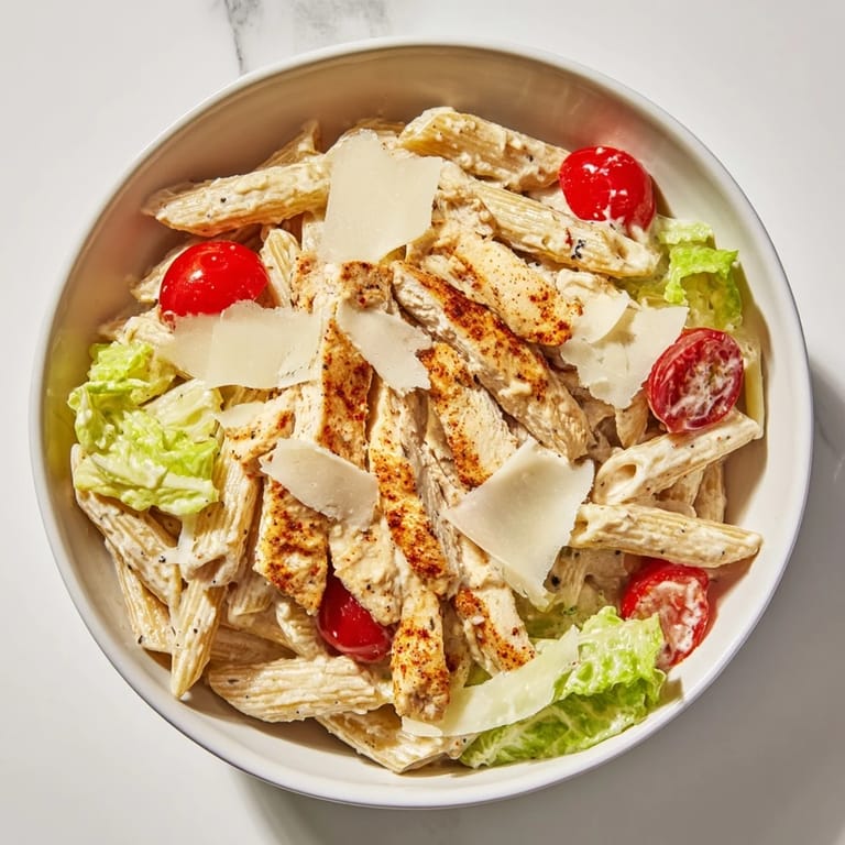 Fresh romaine and cherry tomatoes add vibrant contrast to this hearty Spicy Chicken Caesar Pasta served in a rustic bowl.
