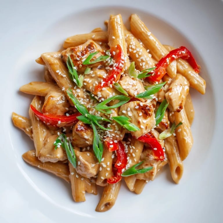 A close-up view of Sweet Chili Chicken Pasta, highlighting golden chicken pieces and al dente penne coated in a glossy, savory sauce.