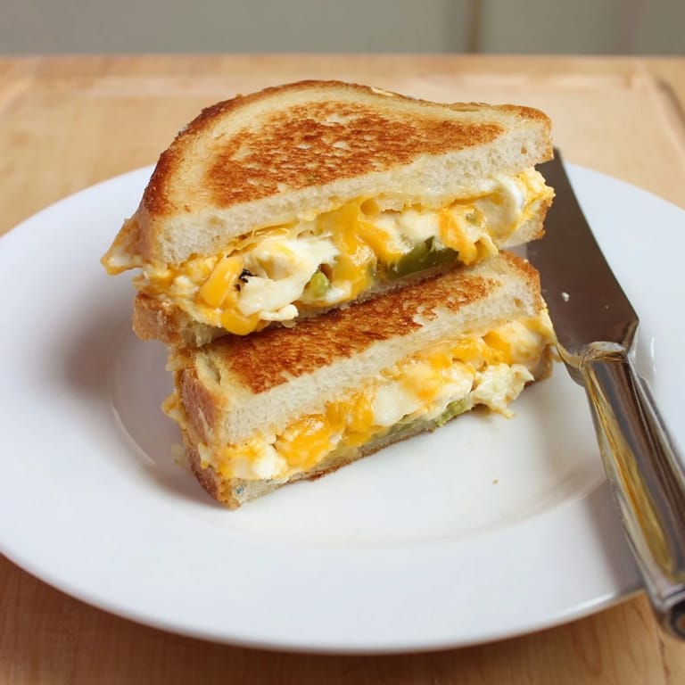 Two halves of a Jalapeño Popper Grilled Cheese stand upright, showcasing a vibrant, cheesy interior with hints of chopped jalapeños.