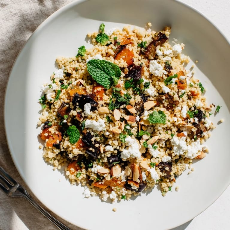 Savory roasted vegetables and aromatic herbs mingle with tender couscous, topped with creamy feta and crunchy toasted pine nuts.  