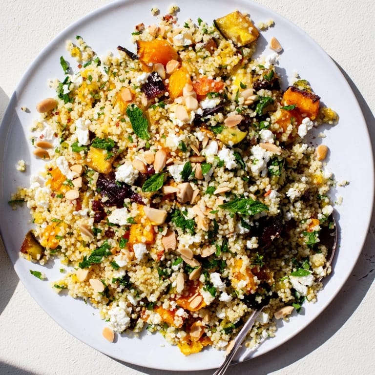 Colorful Mediterranean salad with roasted veggies, fresh parsley and mint, finished with a bright lemon dressing and crumbled feta.