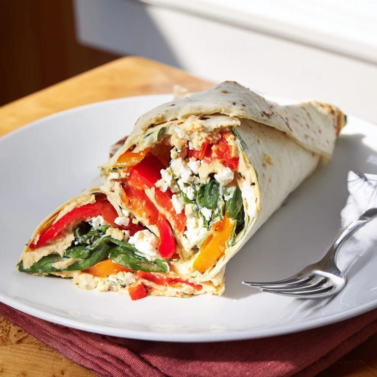 Sliced Mediterranean Veggie Wrap showing layers of hummus, smoky peppers, and crisp spinach, perfect for a light lunch.