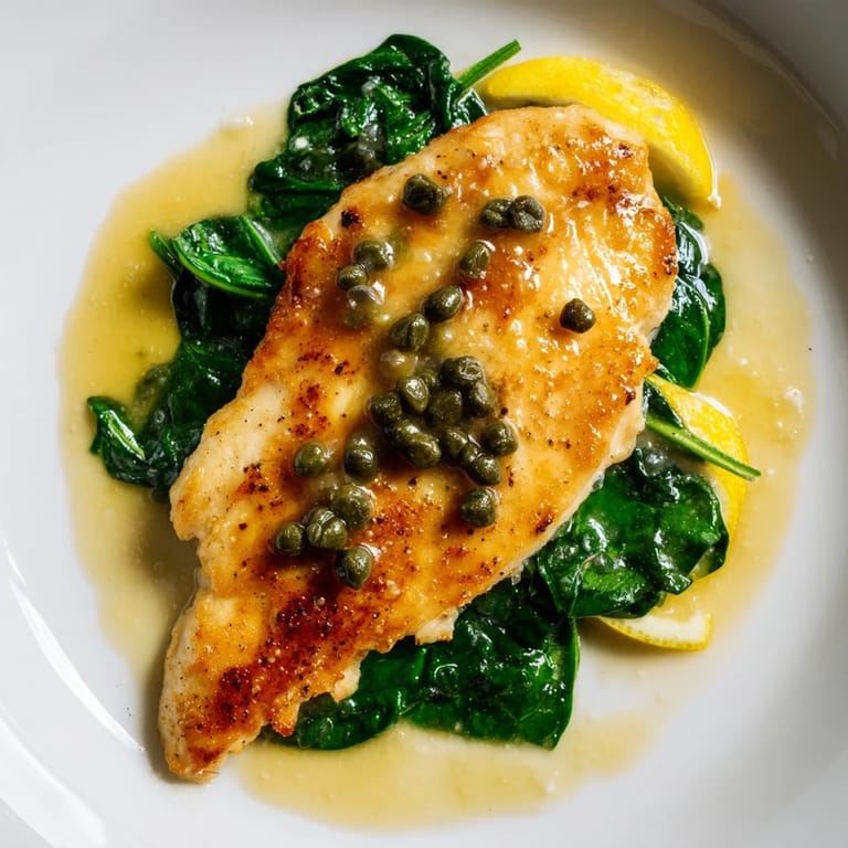 Plated Spinach Lemon Butter Chicken featuring juicy cutlets, lemon zest, and fresh parsley garnish.