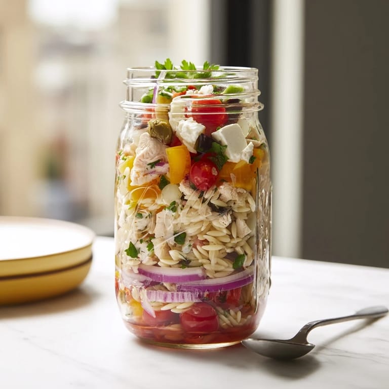 Sunlit Greek pasta chicken salad jars showcase colorful red bell peppers, Kalamata olives, and fresh parsley on a rustic wooden kitchen counter.
