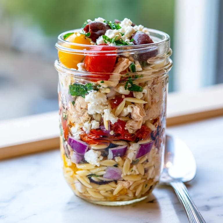 A top-down view of four meal-prep Greek pasta chicken salad jars, with visible layers of orzo, chicken, and crumbled feta cheese.
