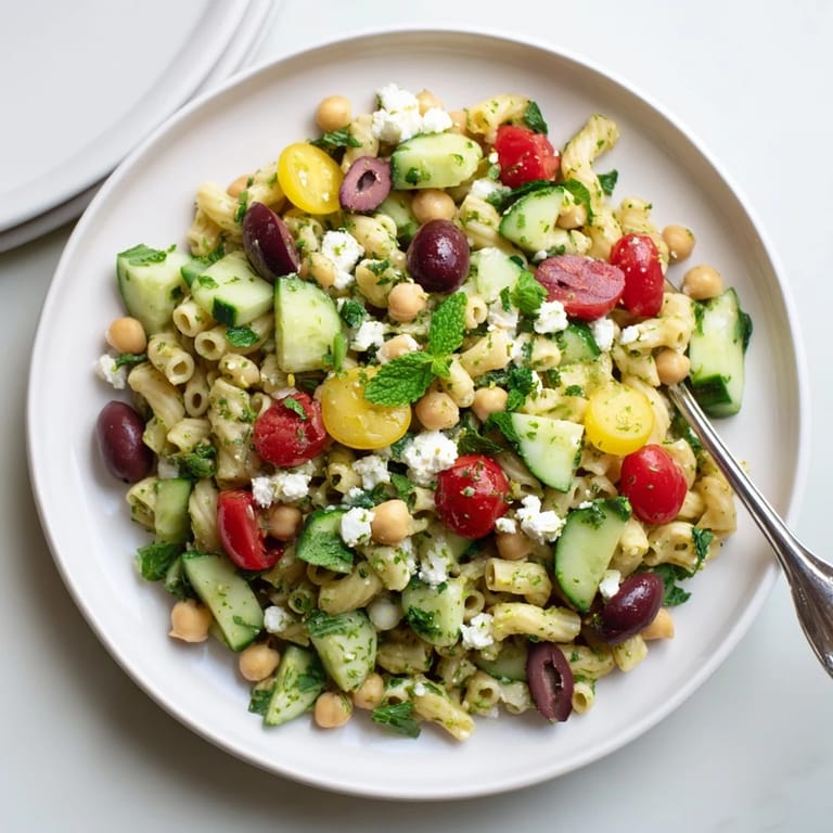 A refreshing bowl of Lemon Herb Chickpea Pasta Salad, garnished with fresh dill, parsley, and mint for a Mediterranean-inspired lunch.