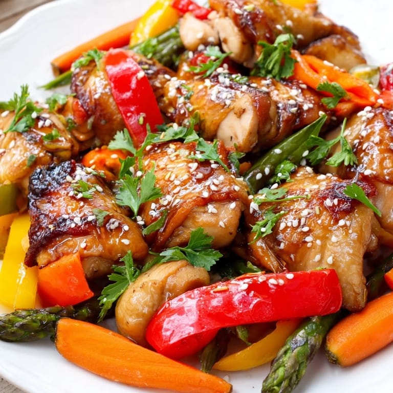 Roasted bite-sized chicken, bell peppers, asparagus, and carrots sit next to a bowl of fluffy white rice.