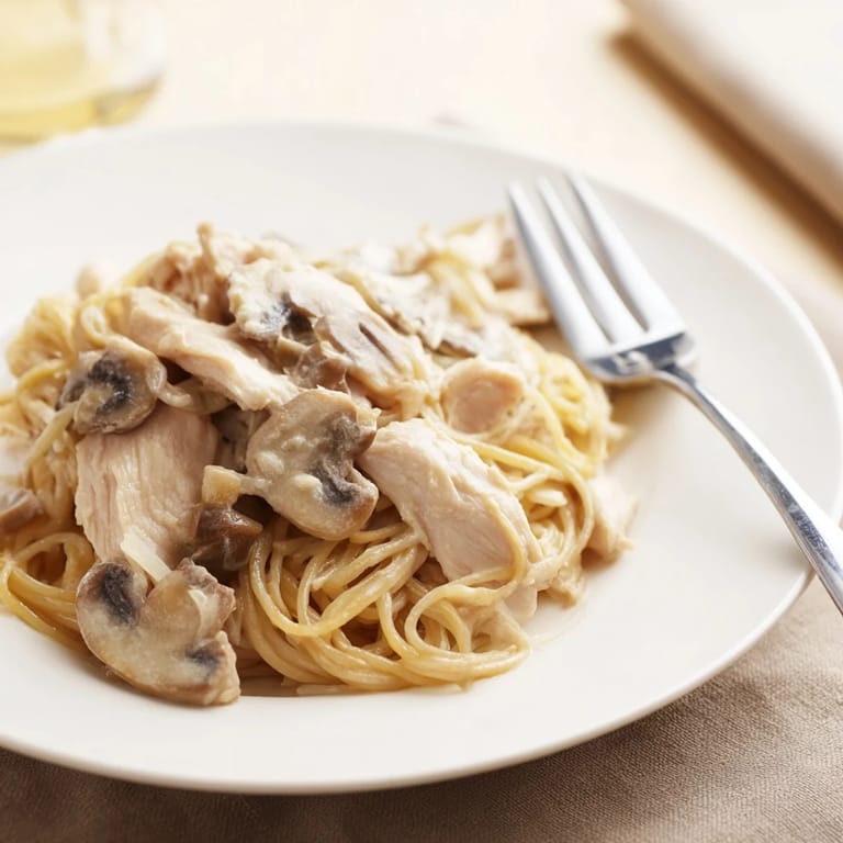 A warm plate of Creamy Mushroom Chicken Spaghettini showcases sautéed cremini mushrooms and spinach in a light, savory sauce with tender chicken and whole wheat pasta.