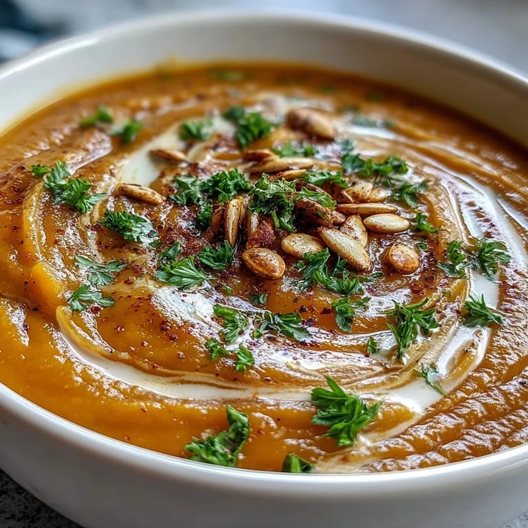 Smooth, comforting butternut squash and apple soup, a delicious vegetarian fall meal.