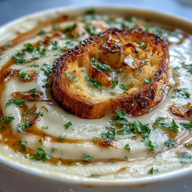 Golden roasted garlic soup, smooth and rich, perfect for a cozy evening meal.