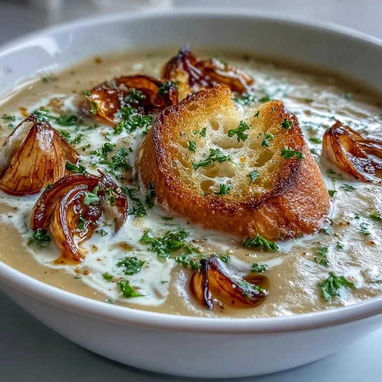 Deeply flavored roasted garlic soup, garnished with parsley and crusty bread.
