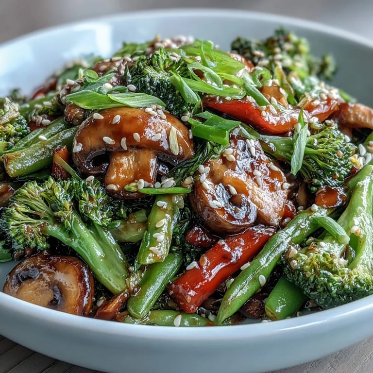 A vibrant platter of ginger stir-fried vegetables served over steamed rice, garnished with fresh green onions and a drizzle of soy sauce.  