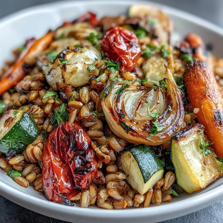 Hearty Farro With Roasted Vegetables in a white bowl, garnished with fresh parsley and crumbled feta, ready to serve warm.  
