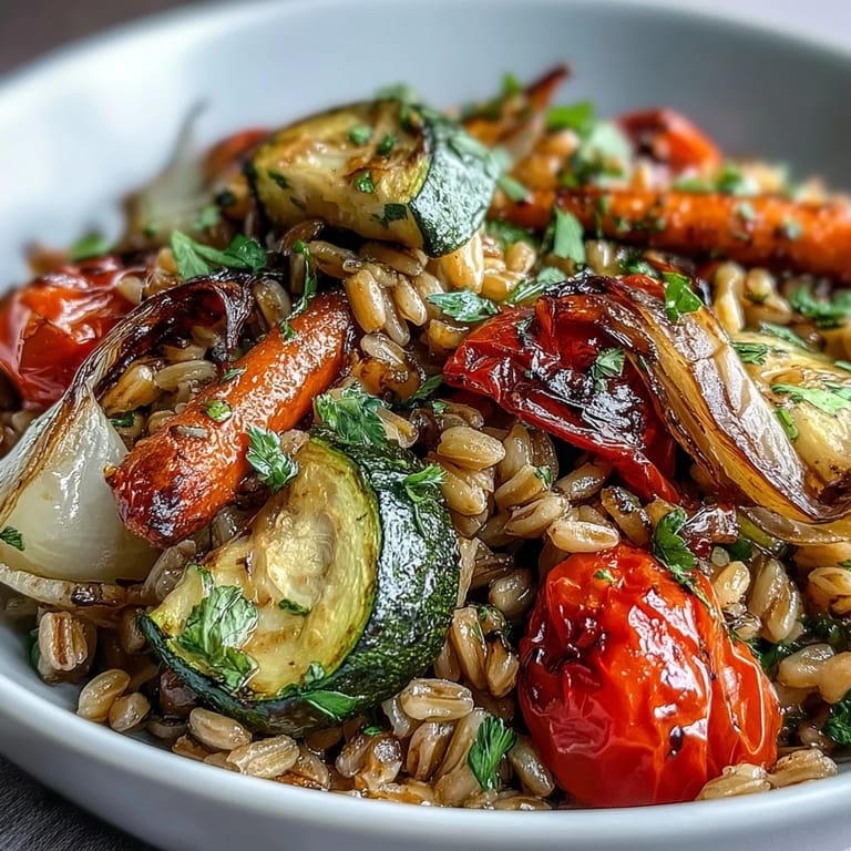 Overhead view of Farro With Roasted Vegetables, highlighting the colorful mix of tender carrots and red onion wedges on a baking sheet.