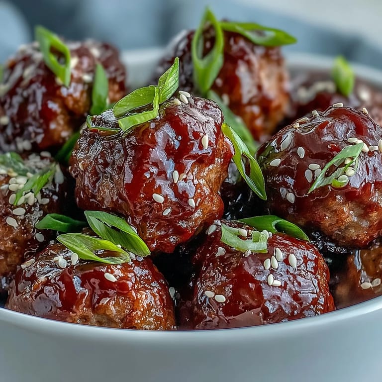 A bowl of tender Easy Sweet and Sour Crock Pot Meatballs with rich sauce and sliced green onions on top.