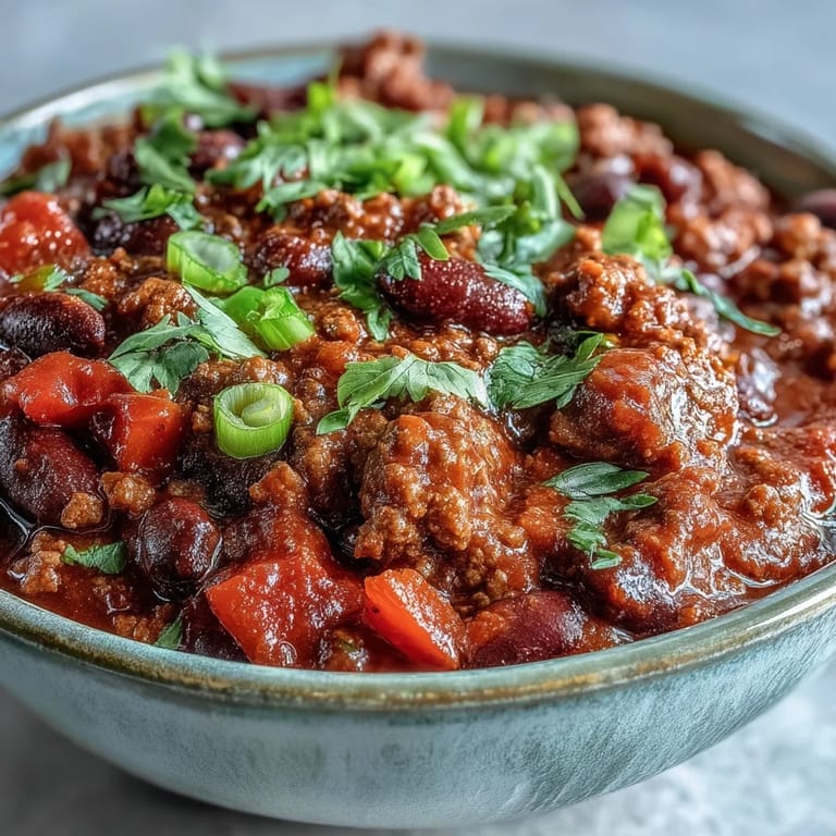 Hearty slow cooker chili served in a rustic crock, garnished with sour cream and green onions alongside cornbread.