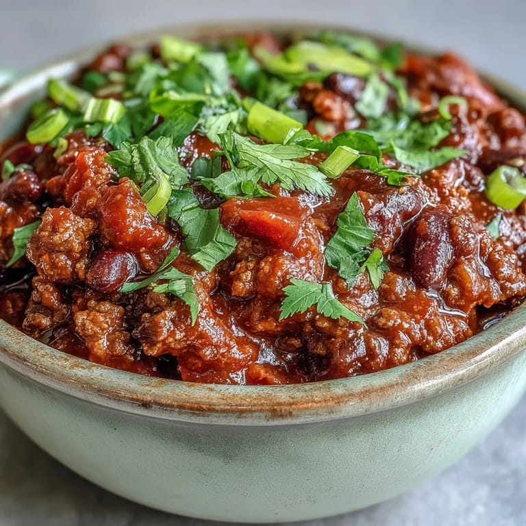 Thick and savory slow cooker chili in a white bowl, featuring tender ground beef, kidney beans, and peppers.