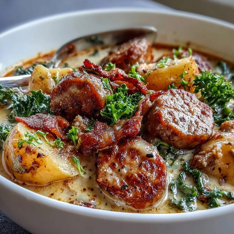 Hearty Italian Sausage Soup simmering in a pot with sausage, potatoes, and kale.