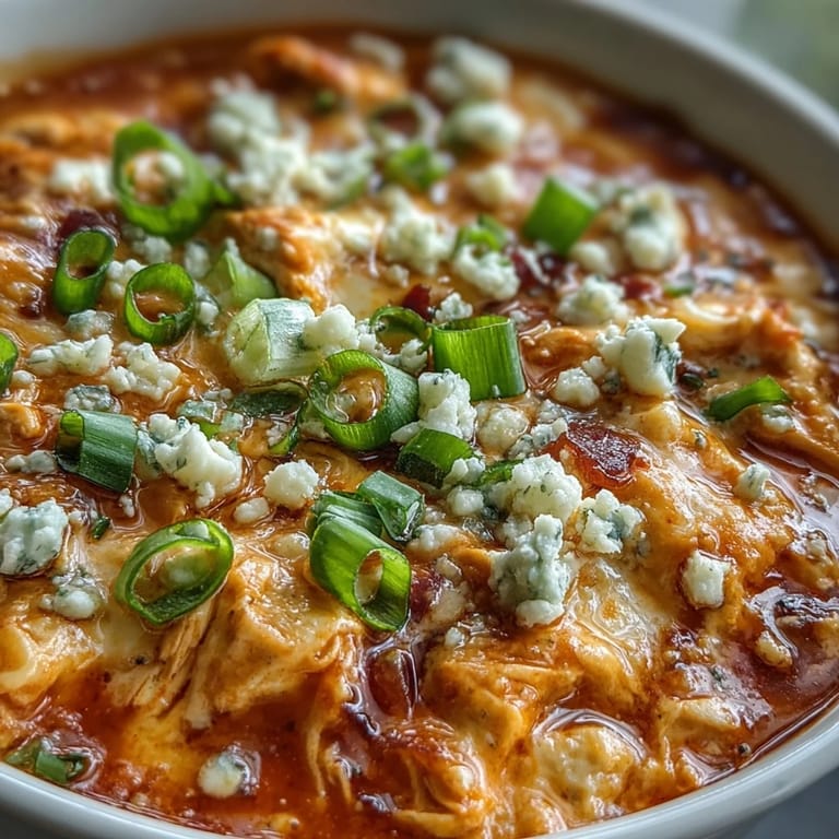 A spoon scoops up rich Crock Pot Buffalo Chicken Dip Soup, revealing tender chunks of chicken and melty cream cheese in a slow cooker.