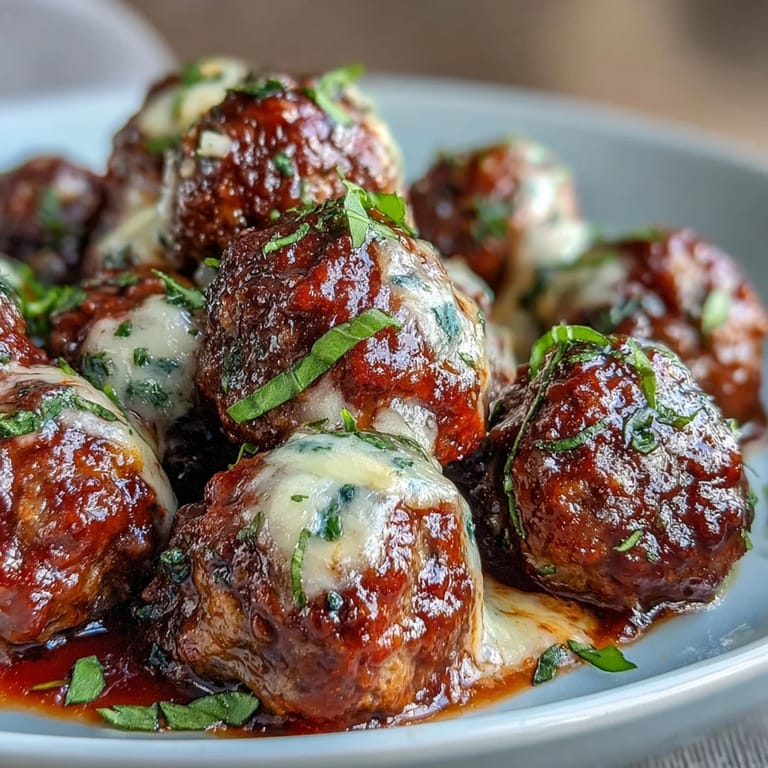 Spoon lifting a cheesy meatball from a rich red sauce, showcasing Cheesy, Garlicky Meatballs With Marinara.
