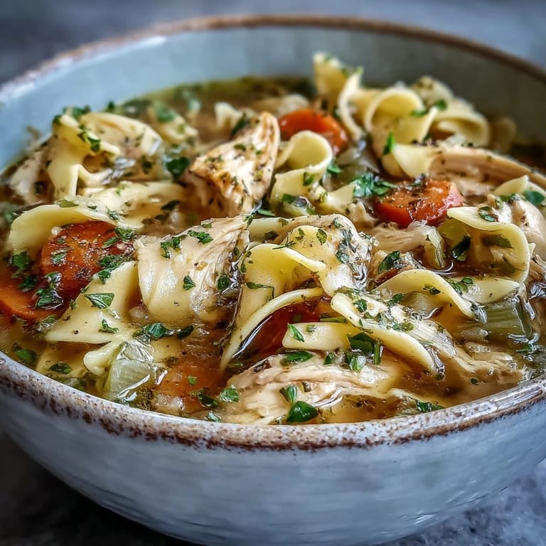 Rustic spoon rests beside a comforting bowl of Instant Pot Chicken Noodle Soup, garnished with fresh parsley.