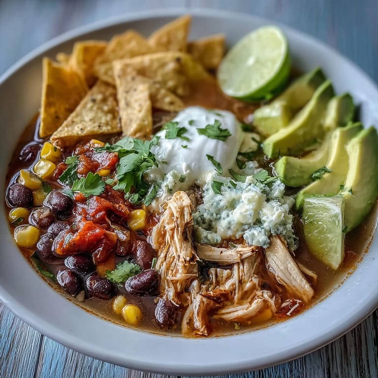 Close-up of Instant Pot Chicken Tortilla Soup with shredded chicken, black beans, and red bell peppers in a rich tomato broth.