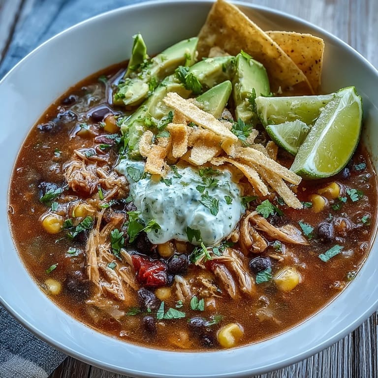 A cozy bowl of Instant Pot Chicken Tortilla Soup topped with crunchy tortilla strips, a dollop of sour cream, and shredded cheese.