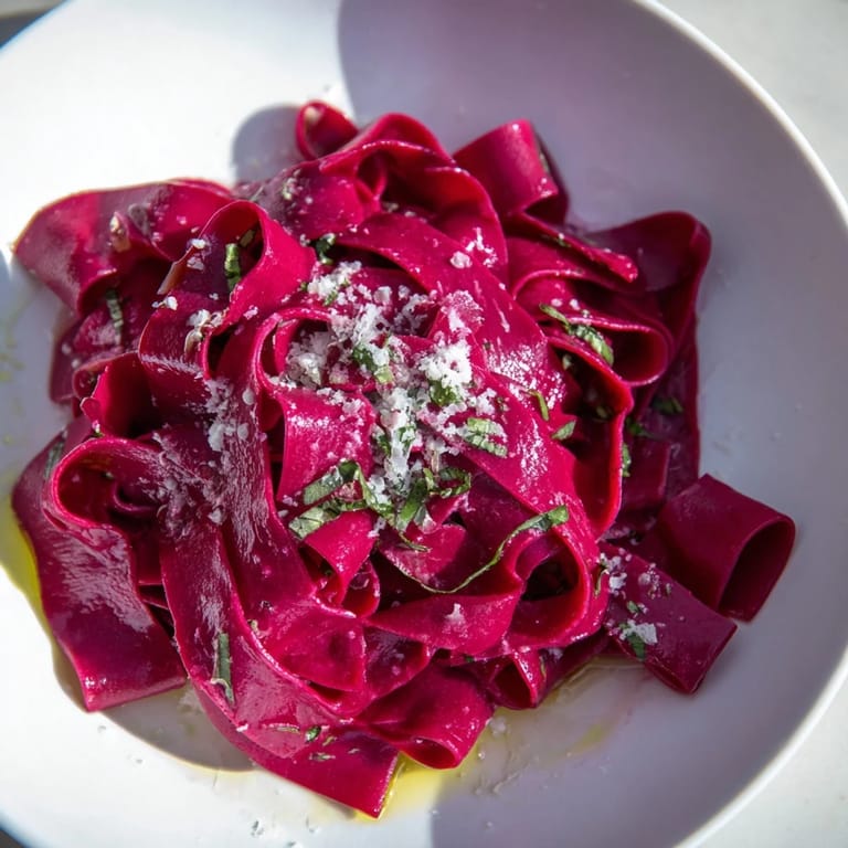 Close-up of homemade beet noodle pasta on a floured board, highlighting its natural color and fresh texture.