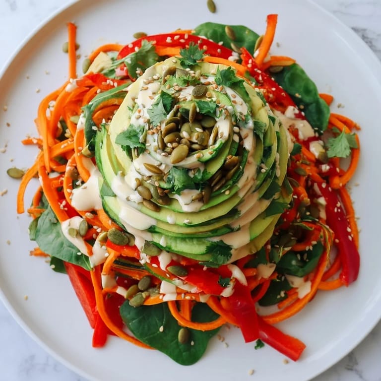 A close-up of the Carrot Noodle Skincare Bowl with crunchy seeds and vibrant vegetables, ready for a healthy meal.