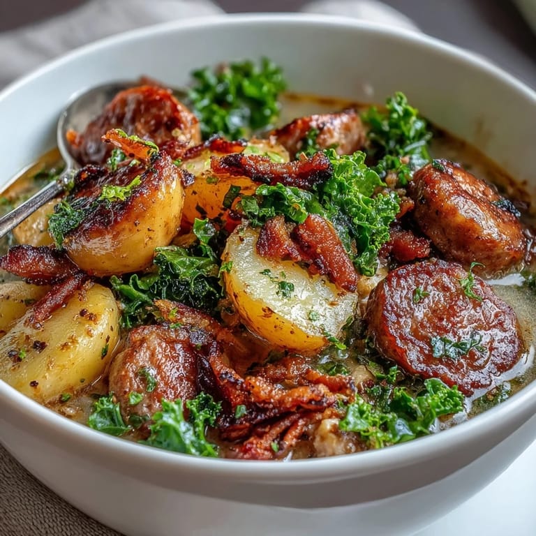 A comforting bowl of Italian Sausage Soup served with crusty bread for dipping.