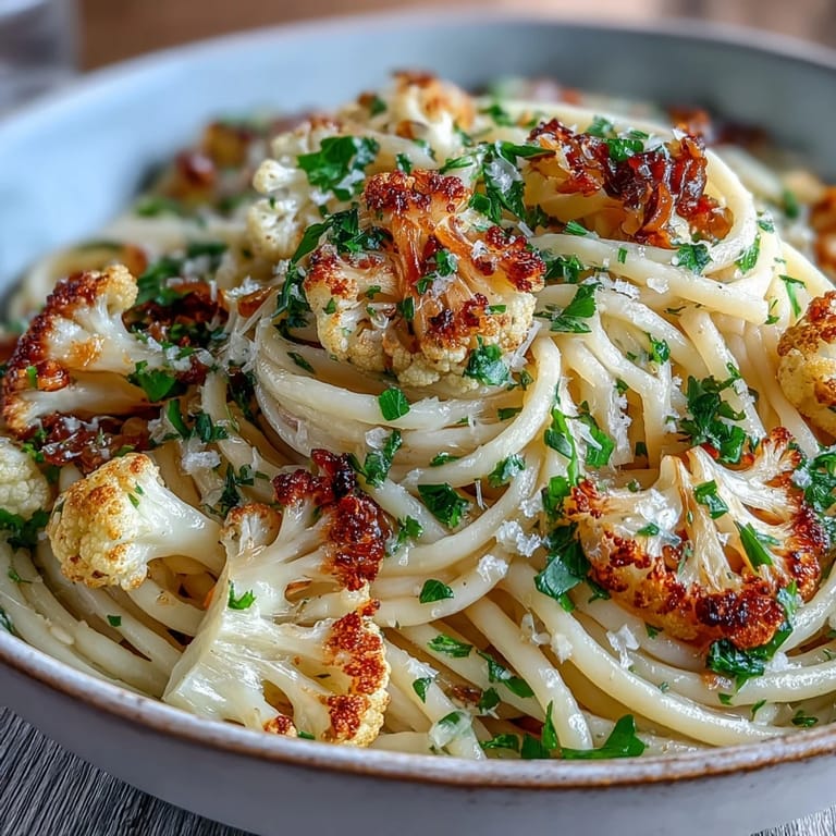 Savory anchovy and sweet raisin spaghetti with roasted cauliflower on a rustic plate, ready to serve.