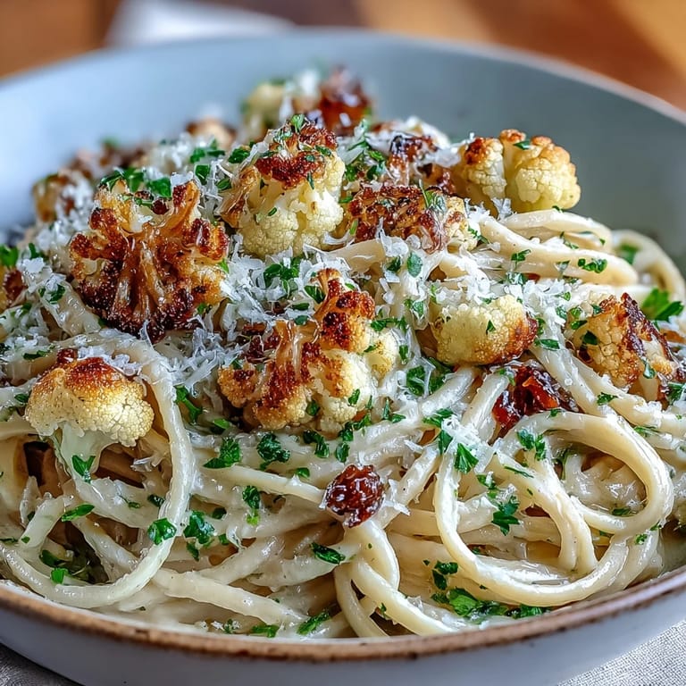 Hearty plate of Cauliflower, Anchovy and Raisin Spaghetti with lemon zest, capers, and a drizzle of olive oil.