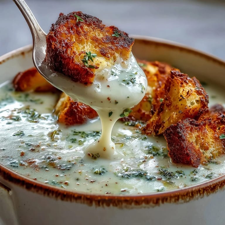 Creamy Cauliflower and Broccoli Soup in a rustic bowl, finished with crisp croutons.