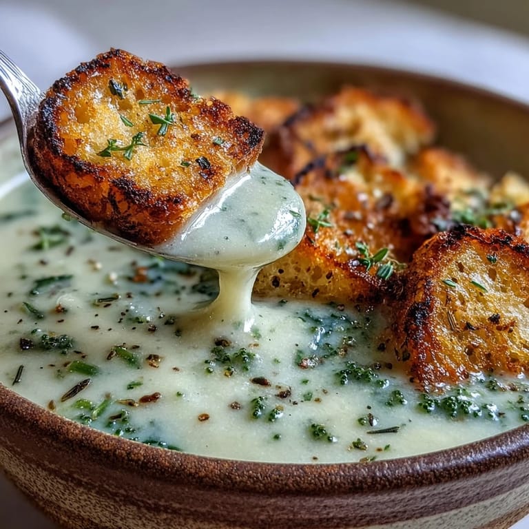 Homemade Cauliflower and Broccoli Soup served with crunchy croutons and a drizzle of olive oil.