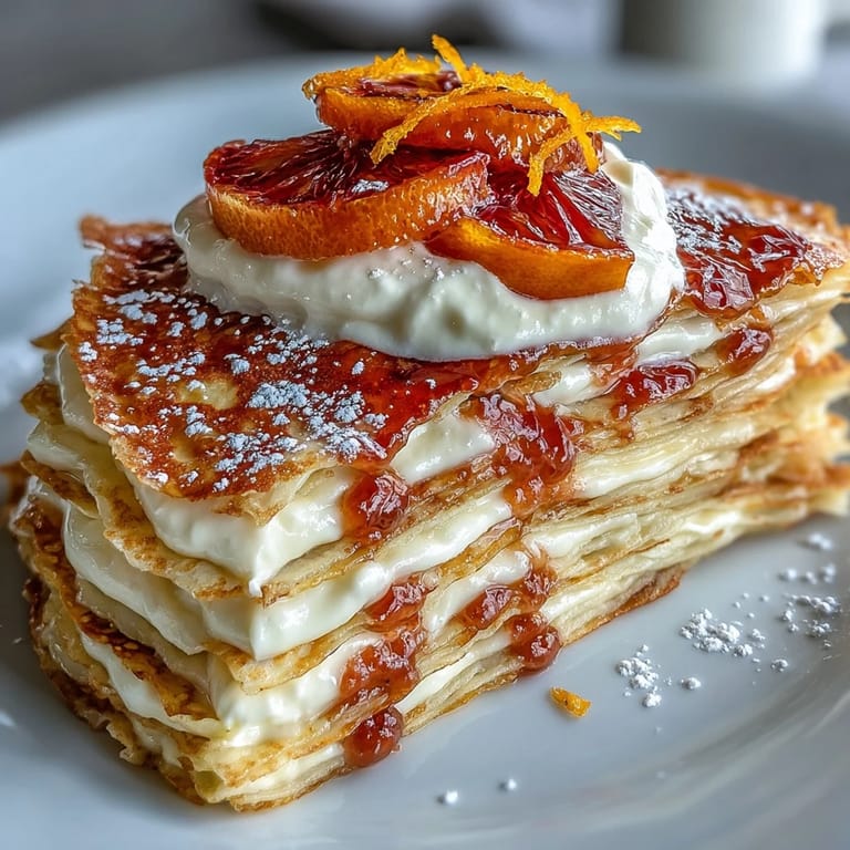 Overhead view of a Blood Orange Curd Crêpe cake topped with blood orange slices, zest, and a dusting of powdered sugar.