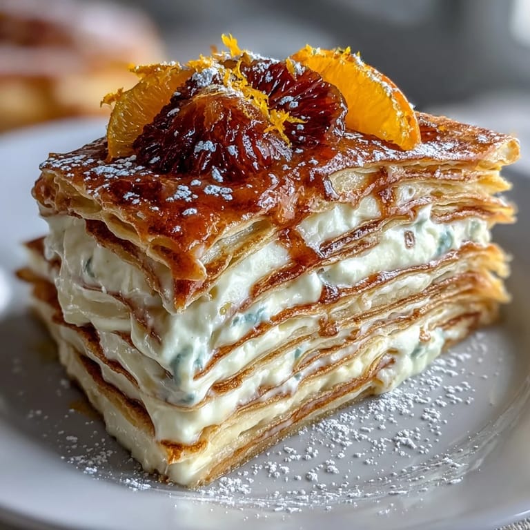 A freshly sliced piece of Blood Orange Curd Crêpe cake shows creamy whipped cream and tangy curd between delicate layers.