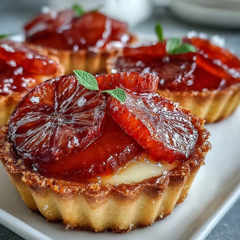 Vibrant Blood Orange Tarts feature crisp pastry and tangy citrus topped with honey glaze.