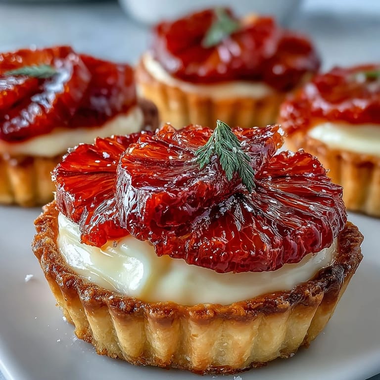 Six golden Blood Orange Tarts plated for serving, perfect with sparkling rosé at a party.